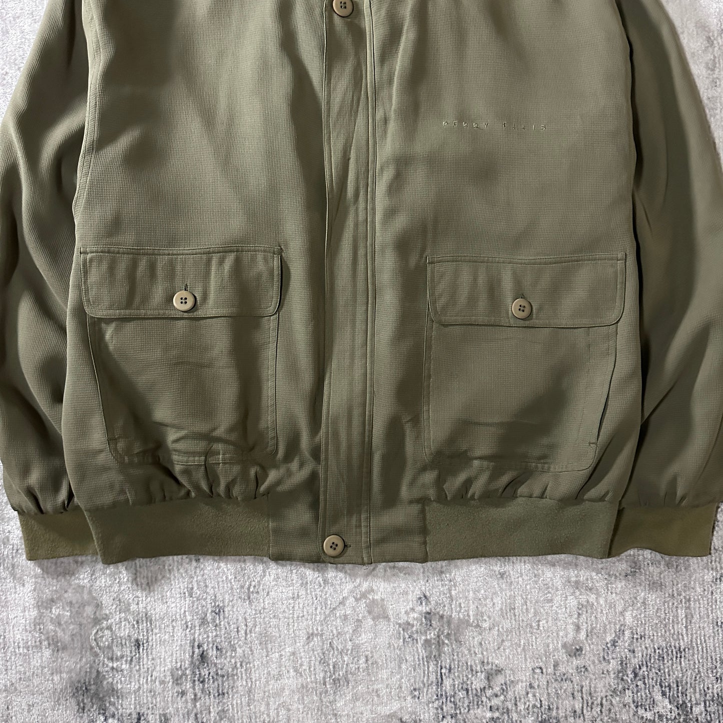Perry Ellis America Olive 100% Silk Bomber Jacket Size L