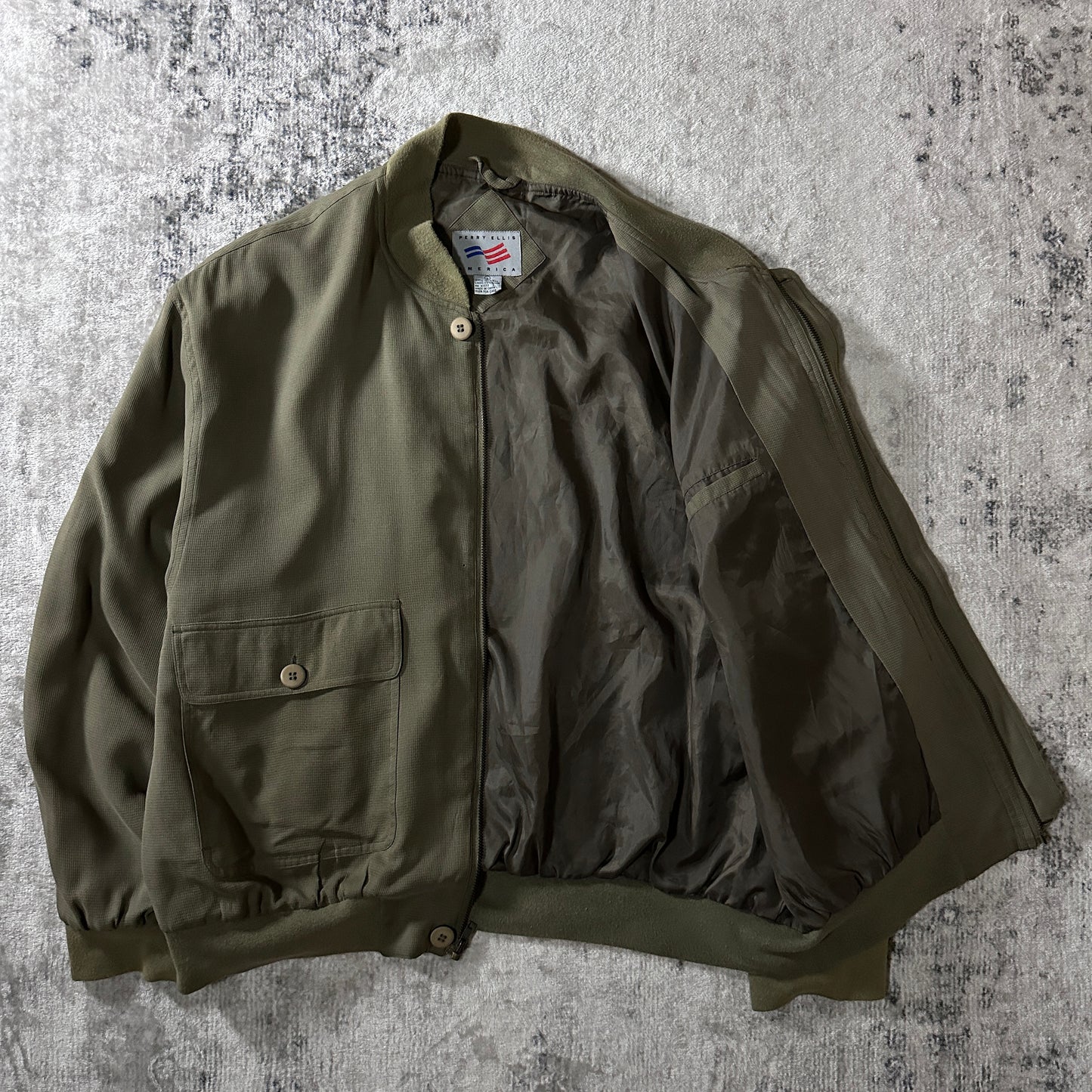 Perry Ellis America Olive 100% Silk Bomber Jacket Size L