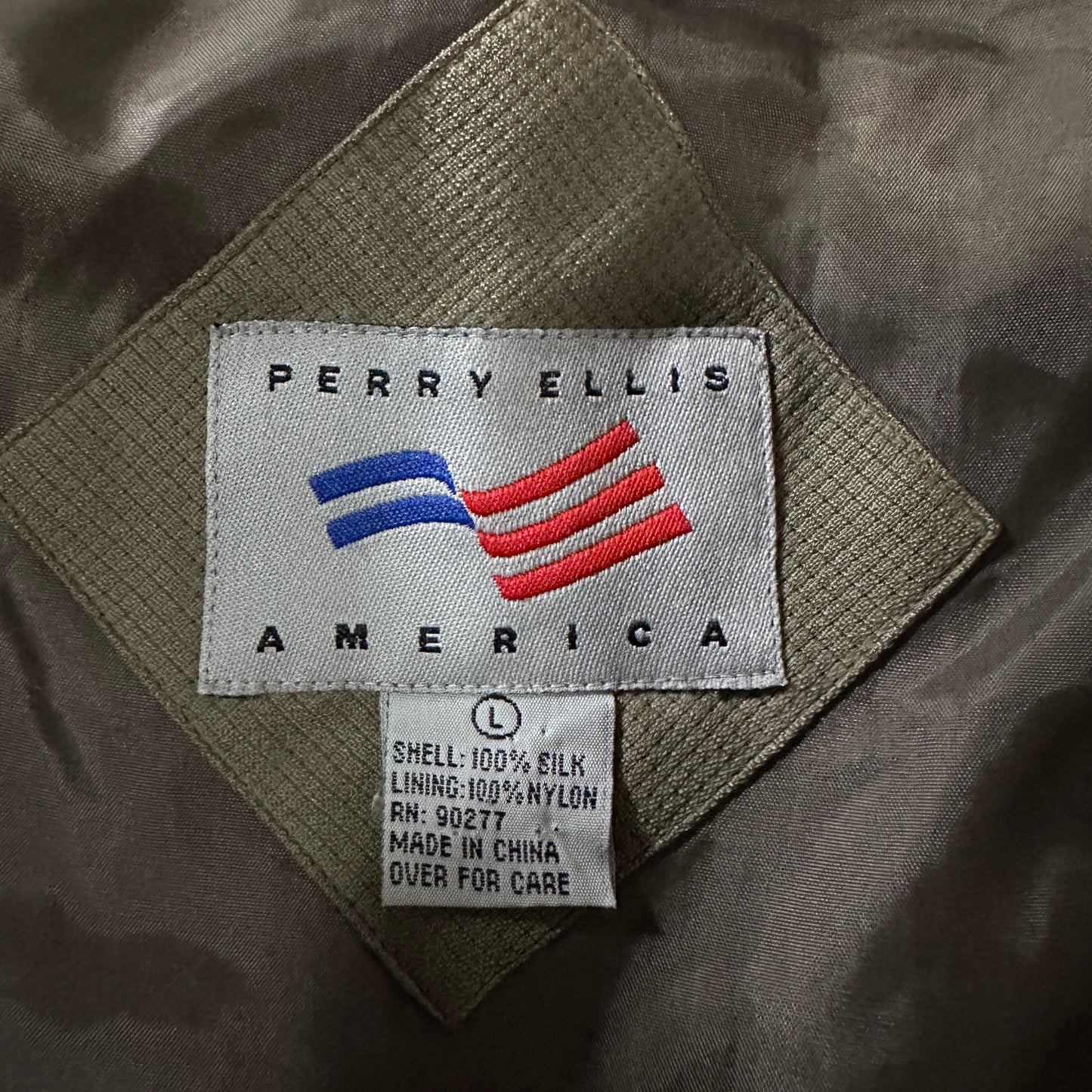 Perry Ellis America Olive 100% Silk Bomber Jacket Size L