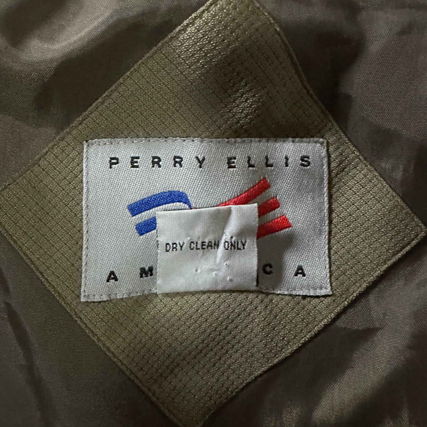 Perry Ellis America Olive 100% Silk Bomber Jacket Size L