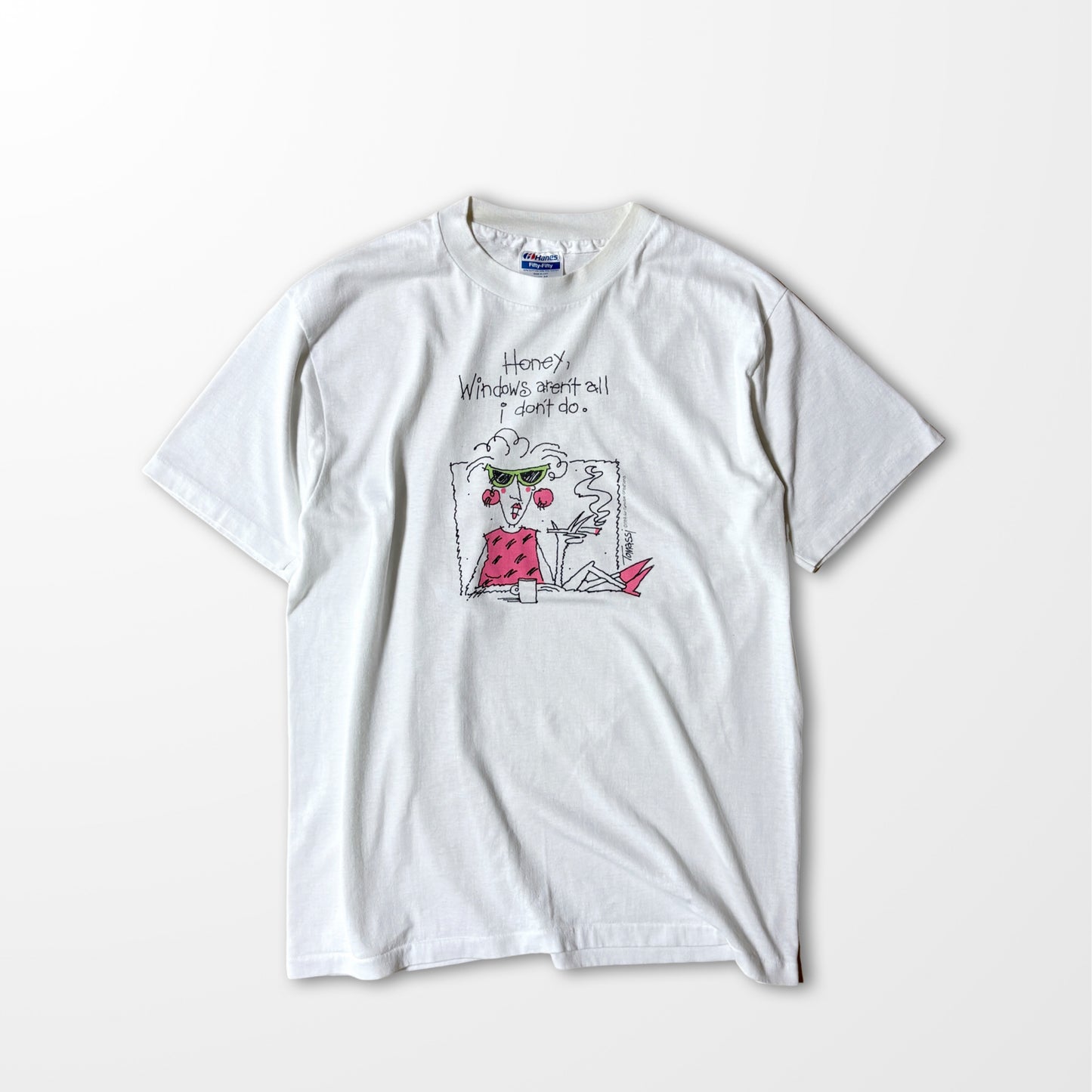 Windows Attitude" Cartoon Print T-shirt / Fade White Tee