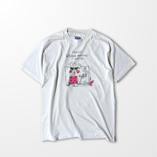Windows Attitude" Cartoon Print T-shirt / Fade White Tee