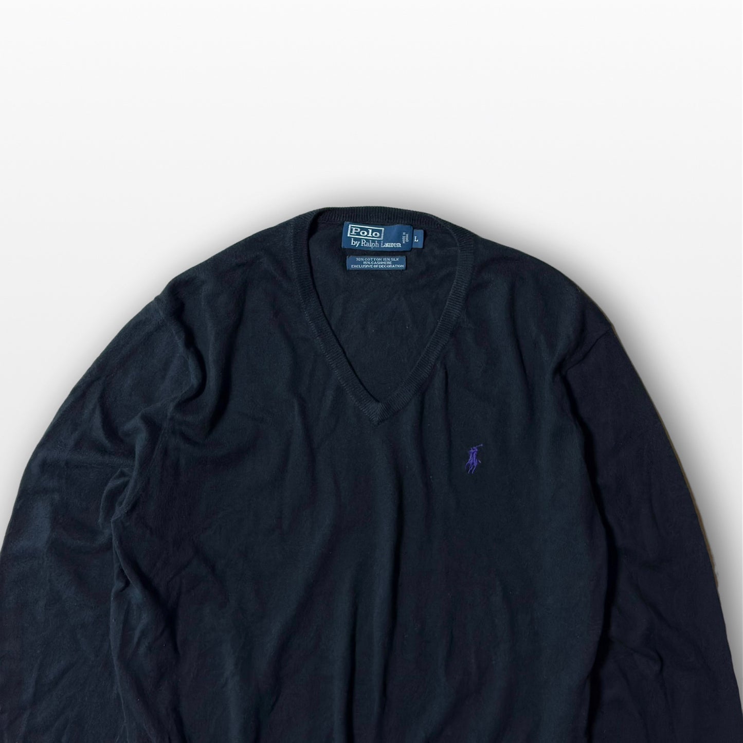 Ralph Lauren V-Neck Knit Sweater Black Cotton Silk Cashmere L