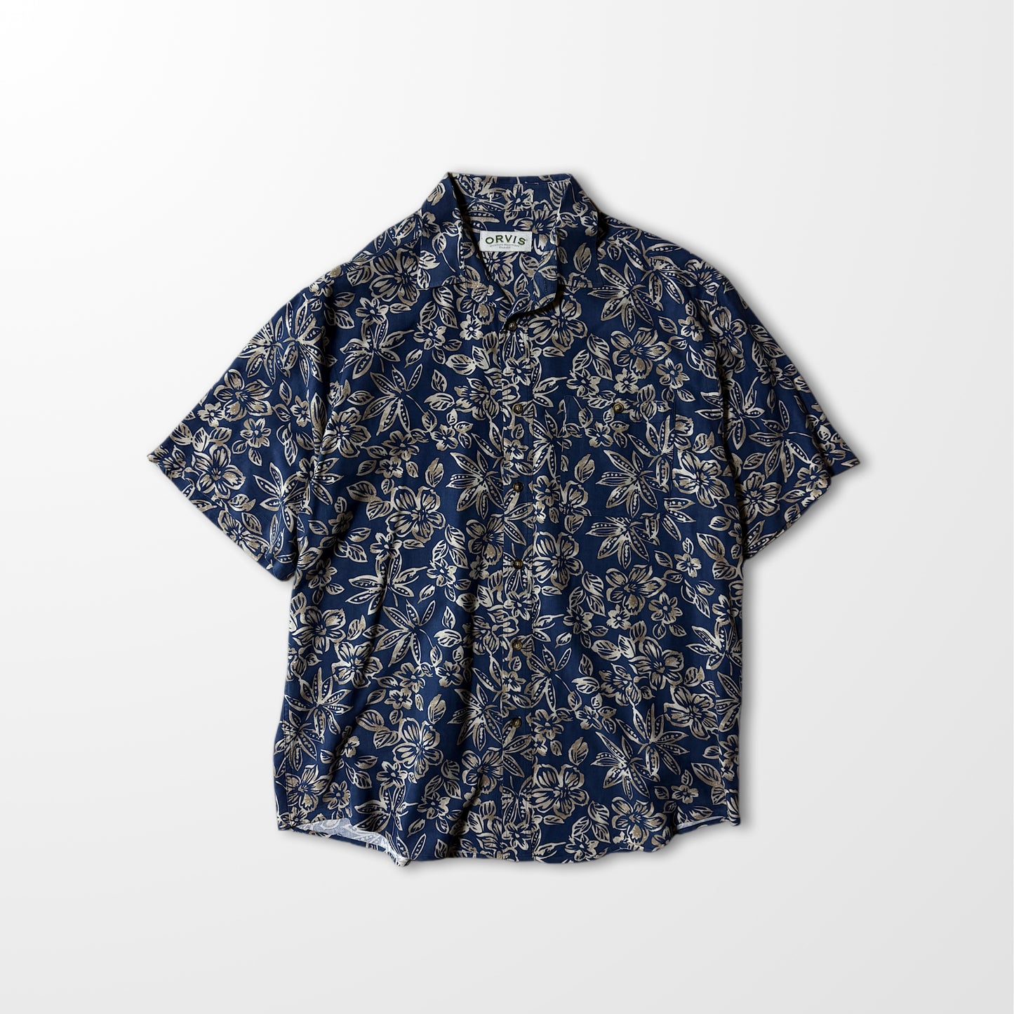Silk Botanical Open Collar Shirt – Navy & Beige, L