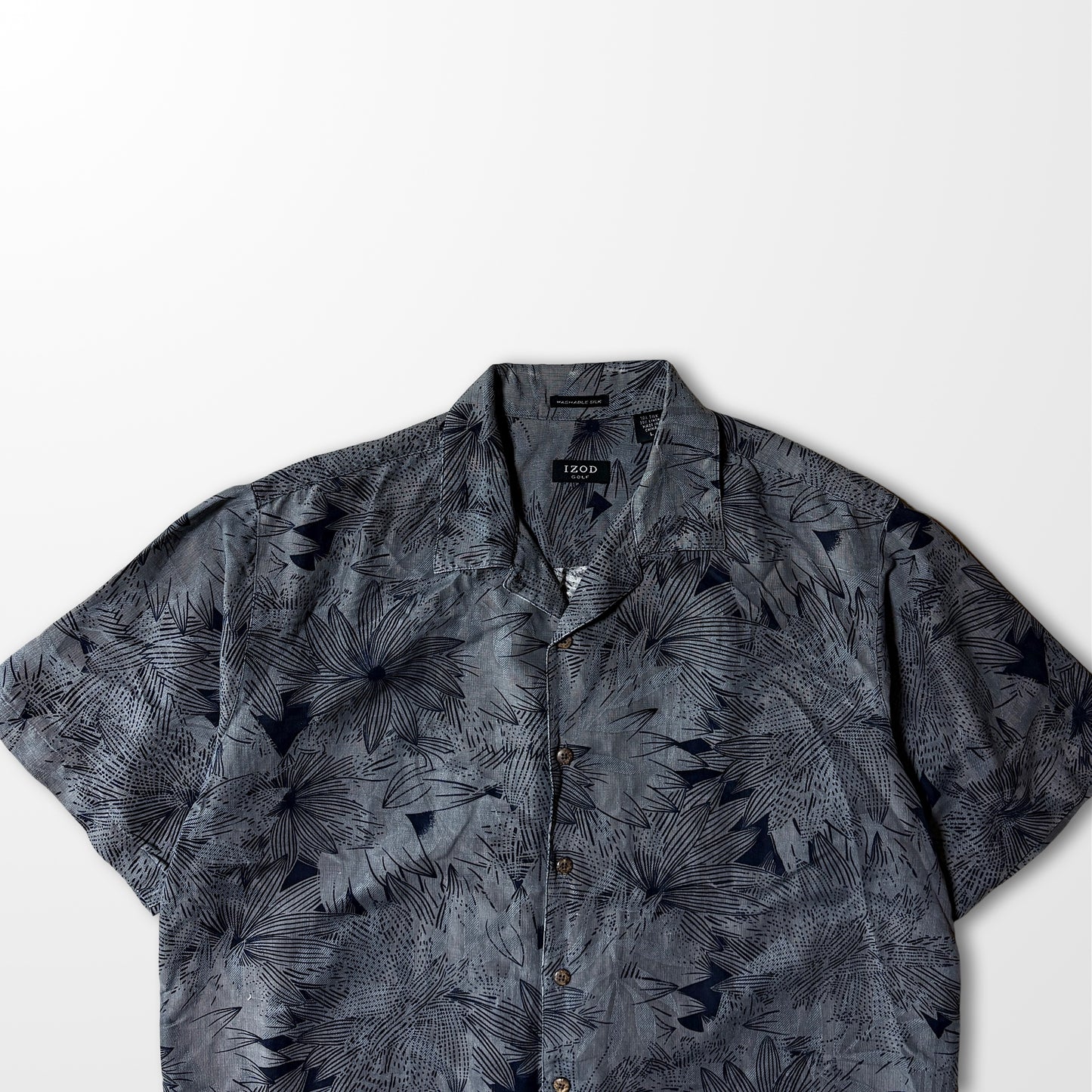 Silk Linen Shirt Botanical Shadow – Gray & Navy, L