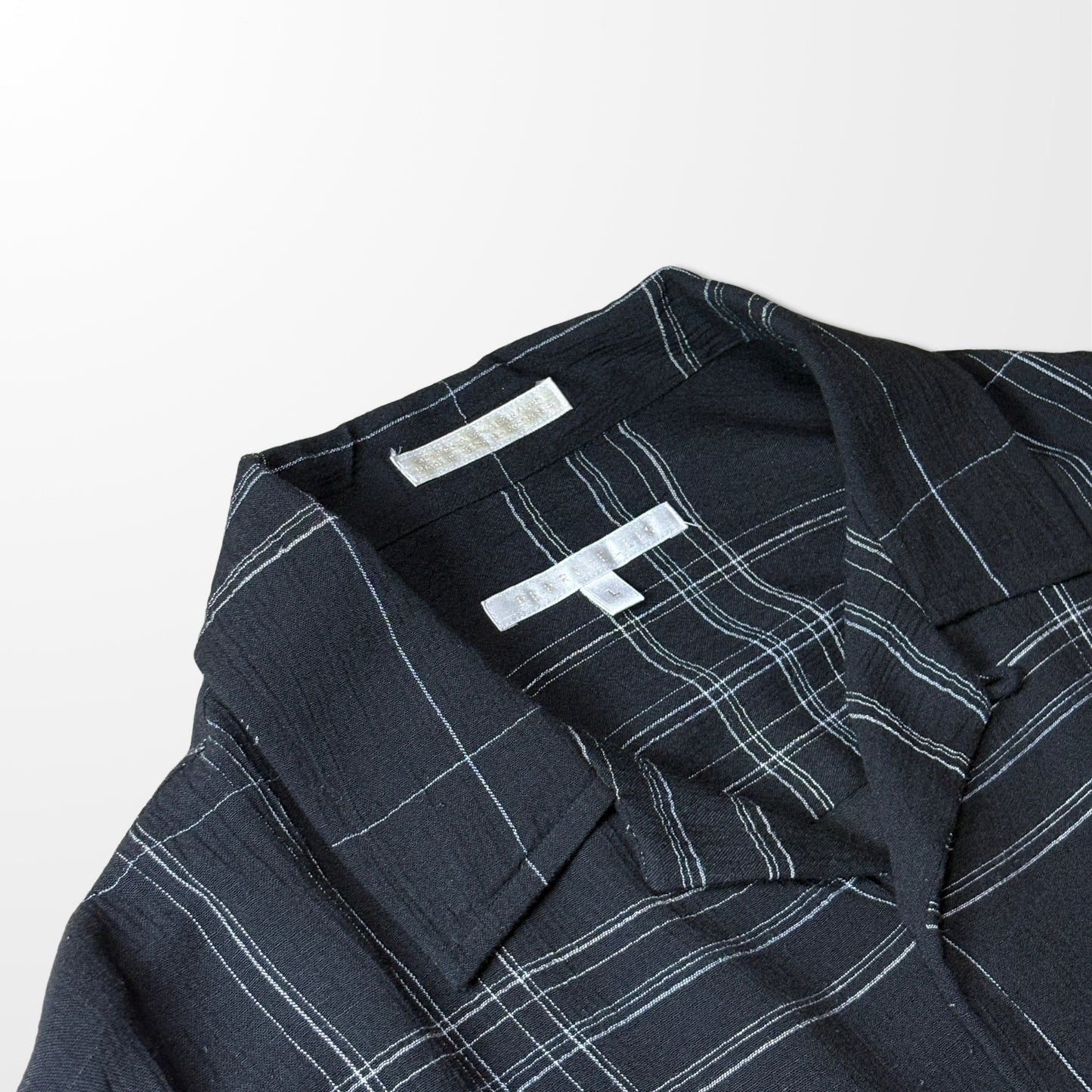 Rayon Linen Black Check Open Collar Shirt by PERRY ELLIS