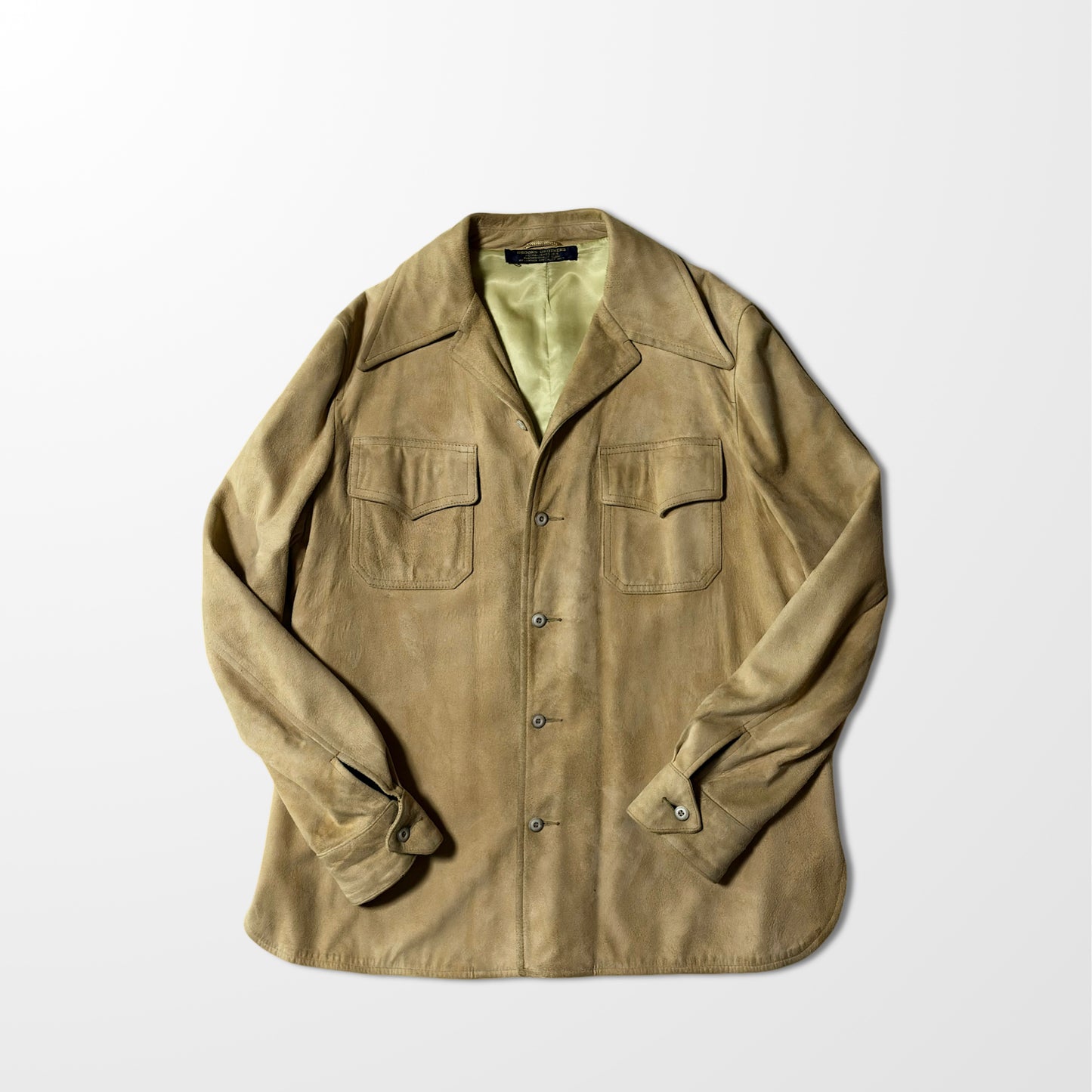 80s Brooks Brothers Beige Suede Shirt Jacket Open Collar Flap Pocket