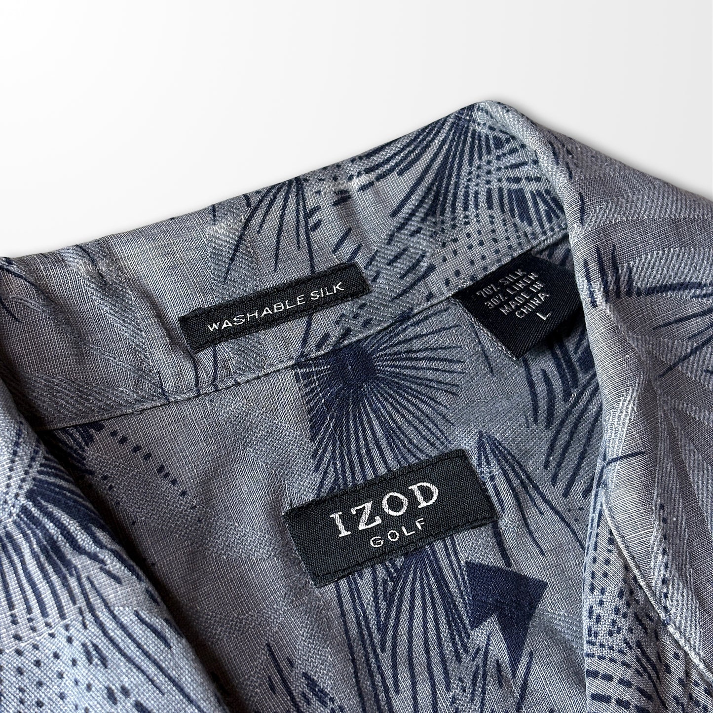 Silk Linen Shirt Botanical Shadow – Gray & Navy, L