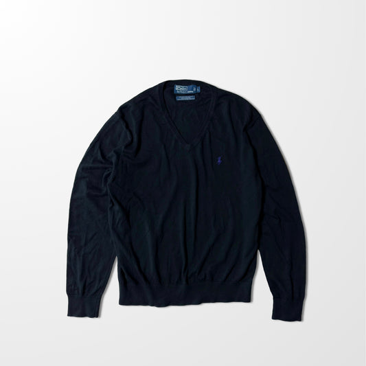 Ralph Lauren V-Neck Knit Sweater Black Cotton Silk Cashmere L