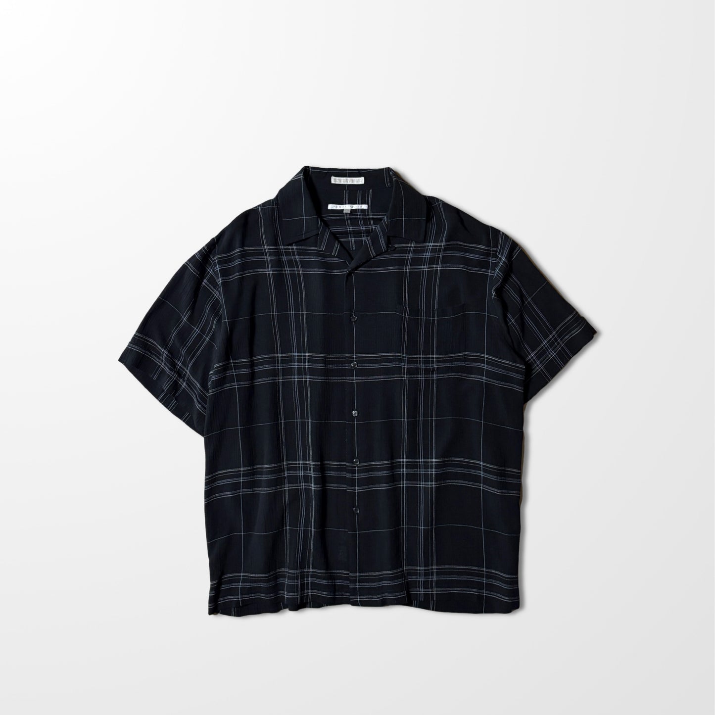Rayon Linen Black Check Open Collar Shirt by PERRY ELLIS