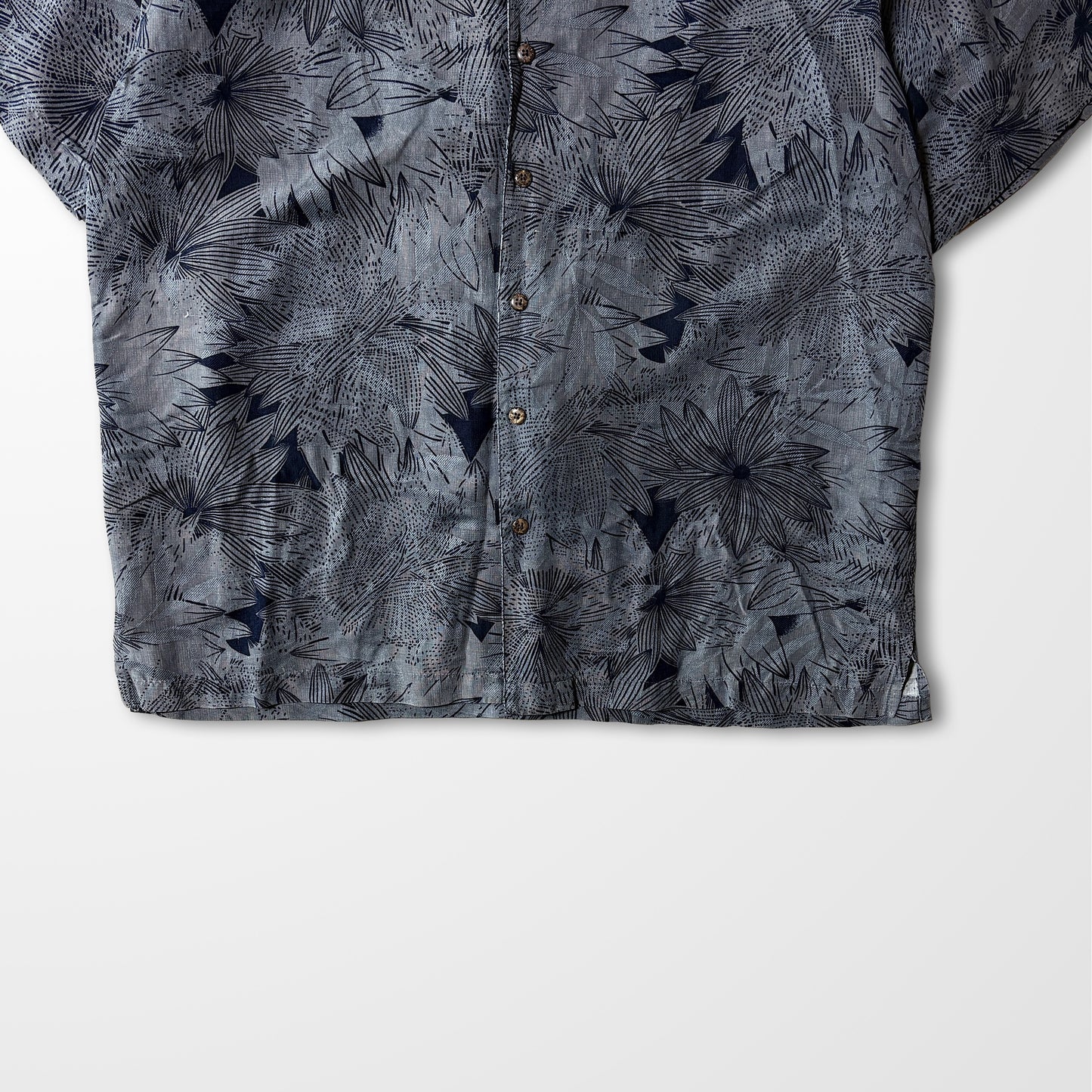 Silk Linen Shirt Botanical Shadow – Gray & Navy, L