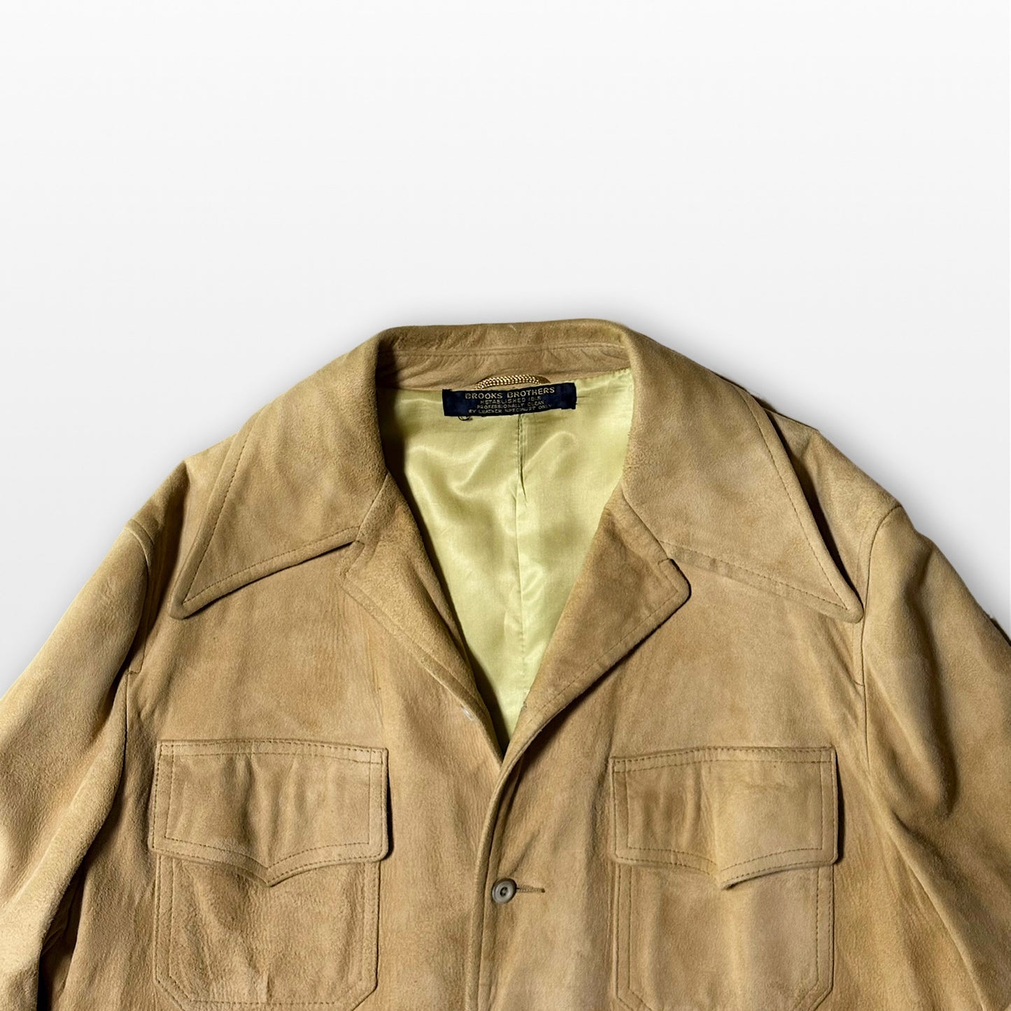80s Brooks Brothers Beige Suede Shirt Jacket Open Collar Flap Pocket