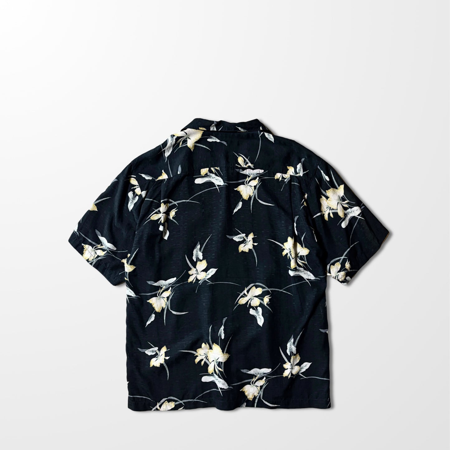 Vintage Black Floral Open Collar Shirt – Relaxed Fit,silk