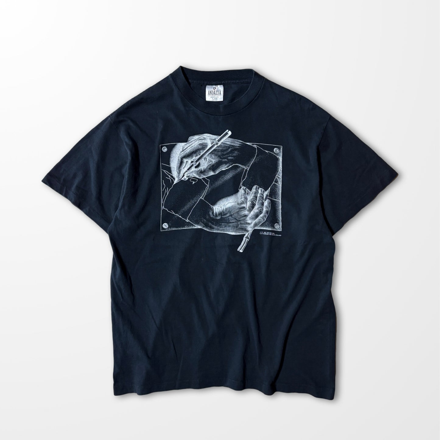 Escher Hand Drawing Hands Tee – Fade Black Art Print