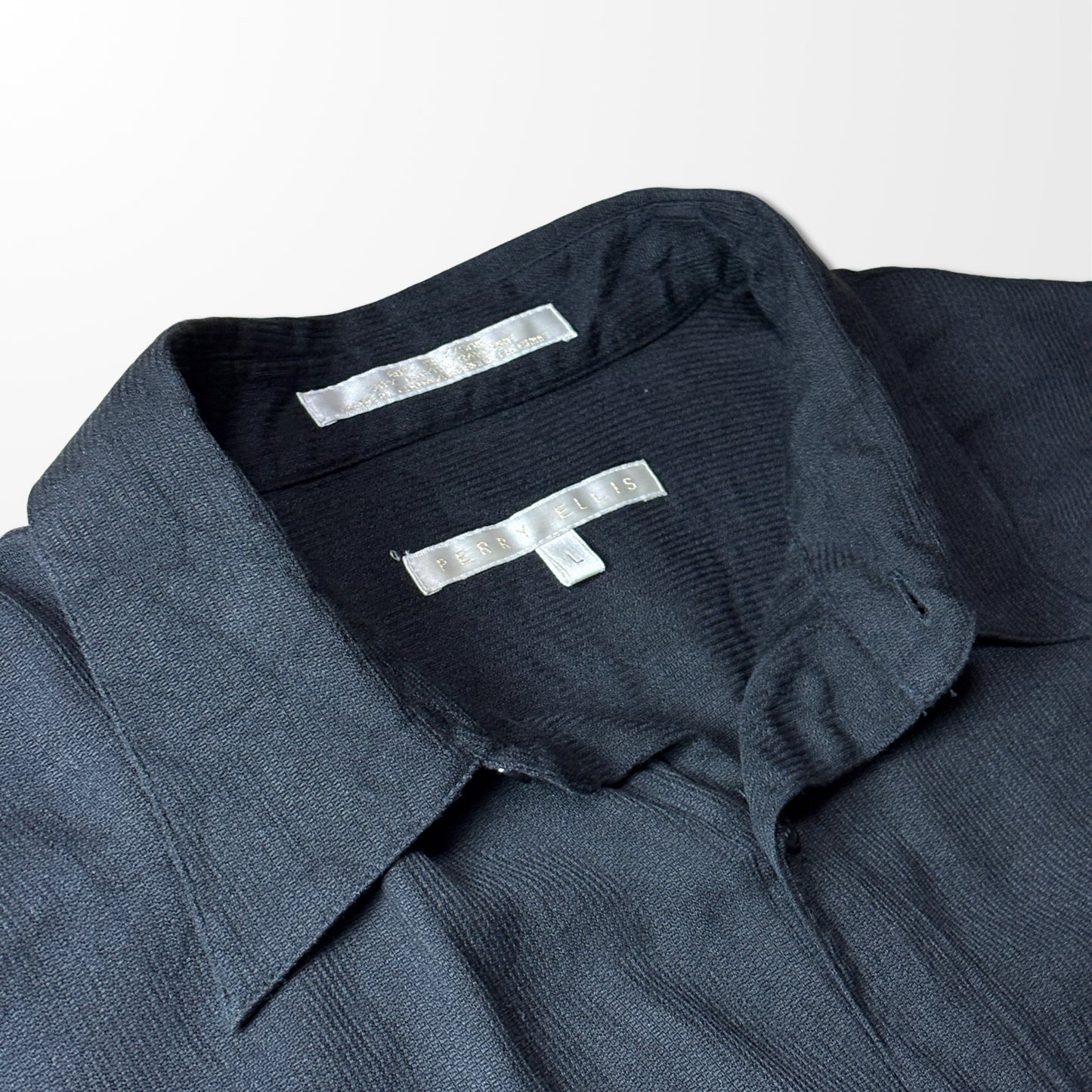 Perry Ellis Silk Black Open Collar Shirt - Rayon