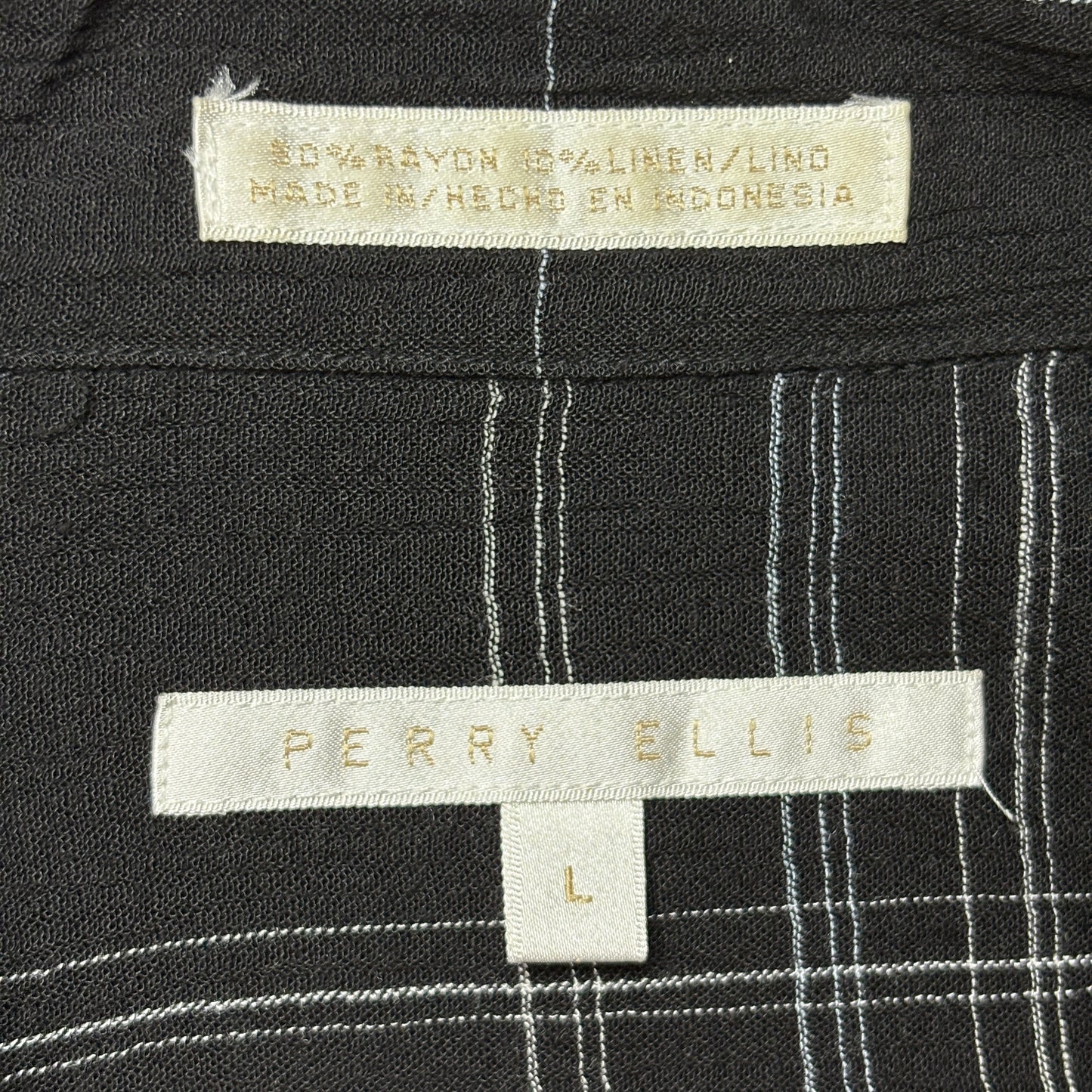 Rayon Linen Black Check Open Collar Shirt by PERRY ELLIS