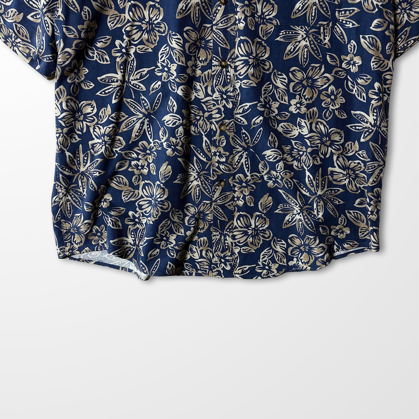 Silk Botanical Open Collar Shirt – Navy & Beige, L