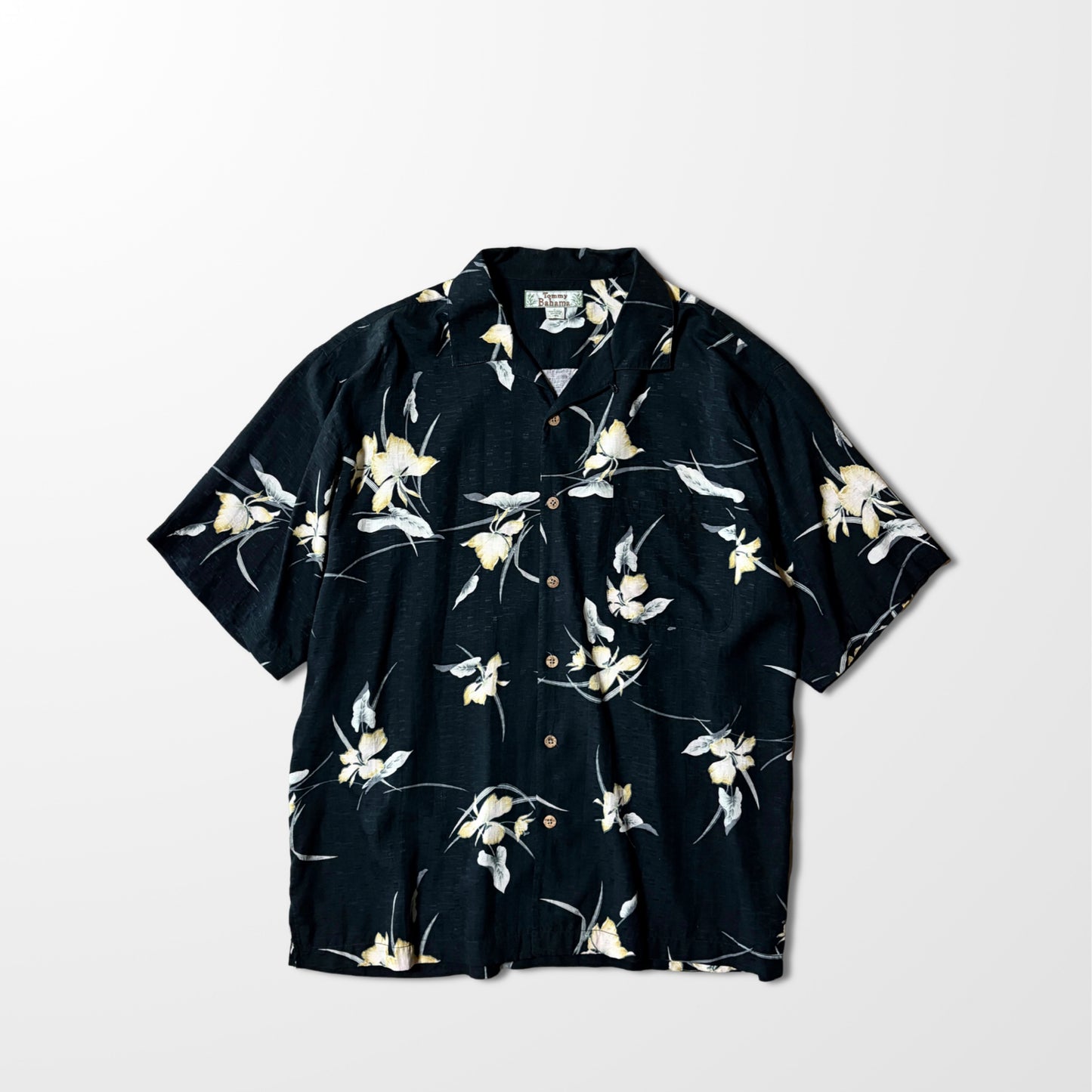 Vintage Black Floral Open Collar Shirt – Relaxed Fit,silk