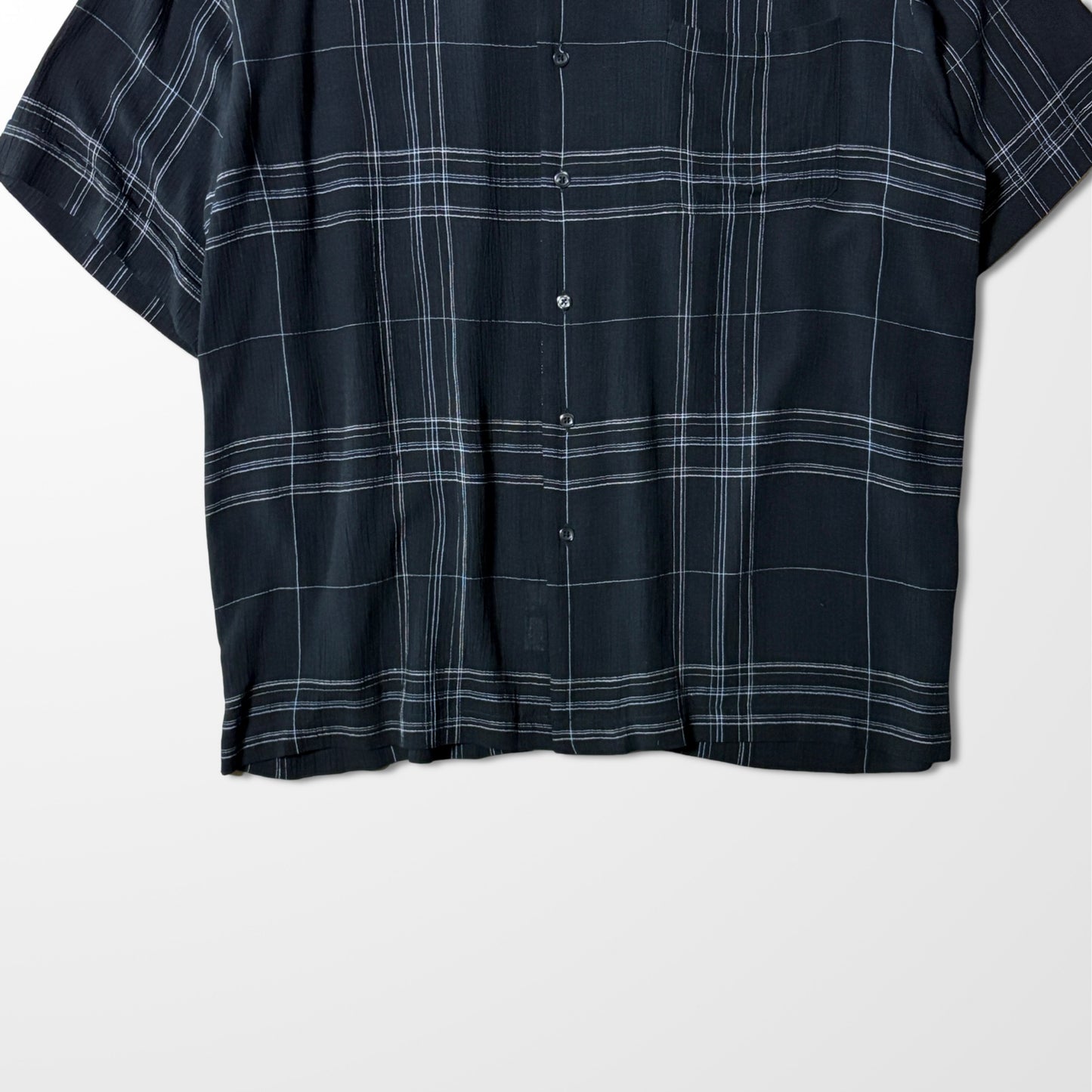 Rayon Linen Black Check Open Collar Shirt by PERRY ELLIS