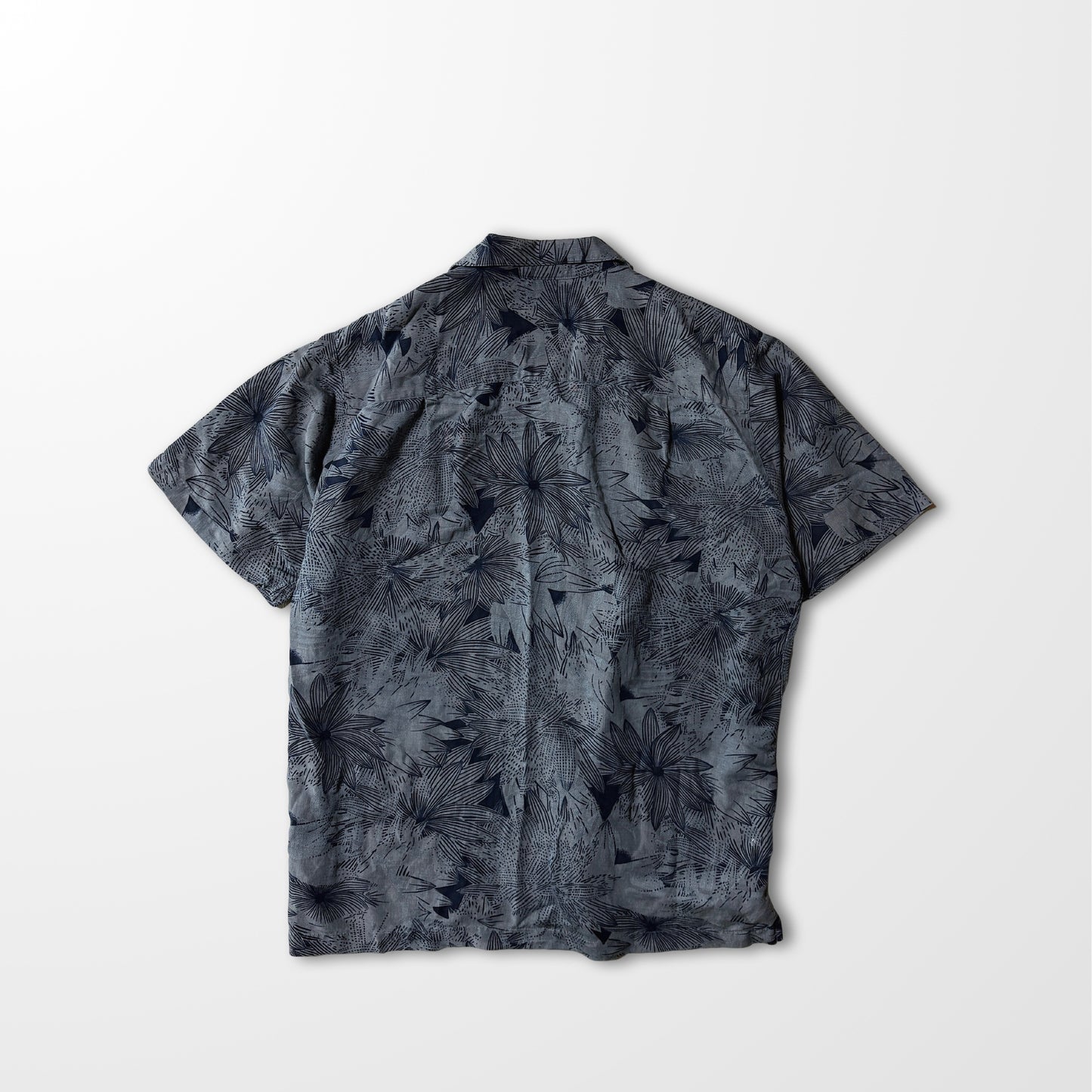 Silk Linen Shirt Botanical Shadow – Gray & Navy, L