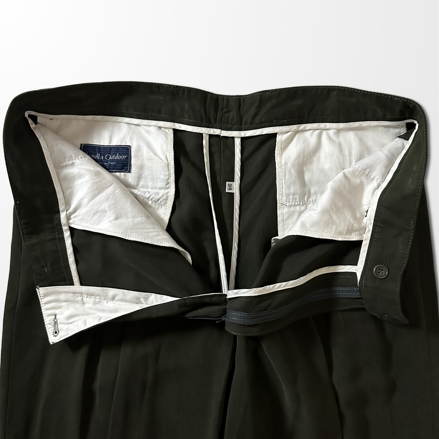 Zanella Outdoor Rayon Silk Pleated Trousers – Dark Olive – W36  Made In Italy