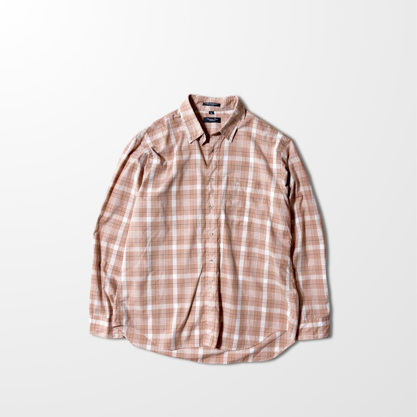 Christian Dior Gingham Check Shirt – Peach & White – Size XL  – Vintage