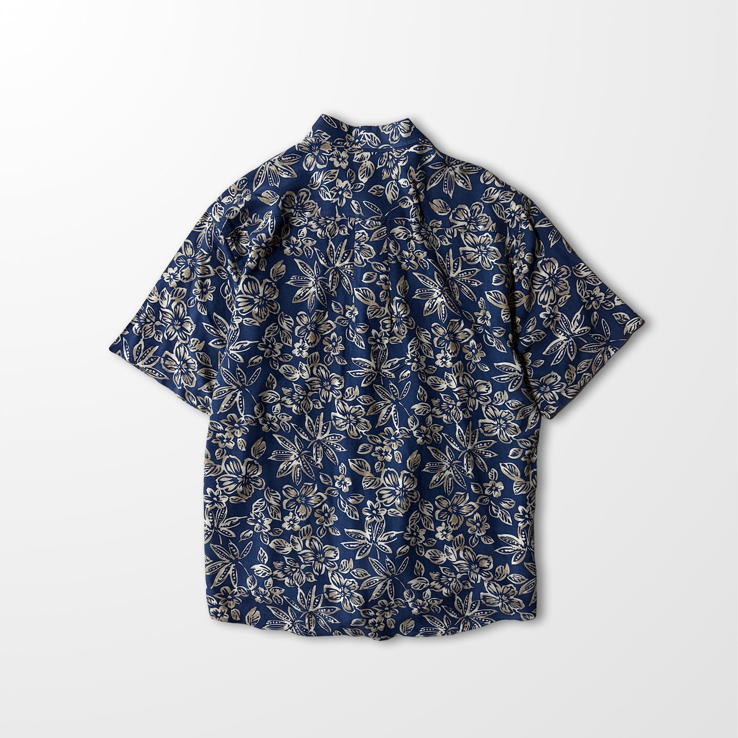 Silk Botanical Open Collar Shirt – Navy & Beige, L