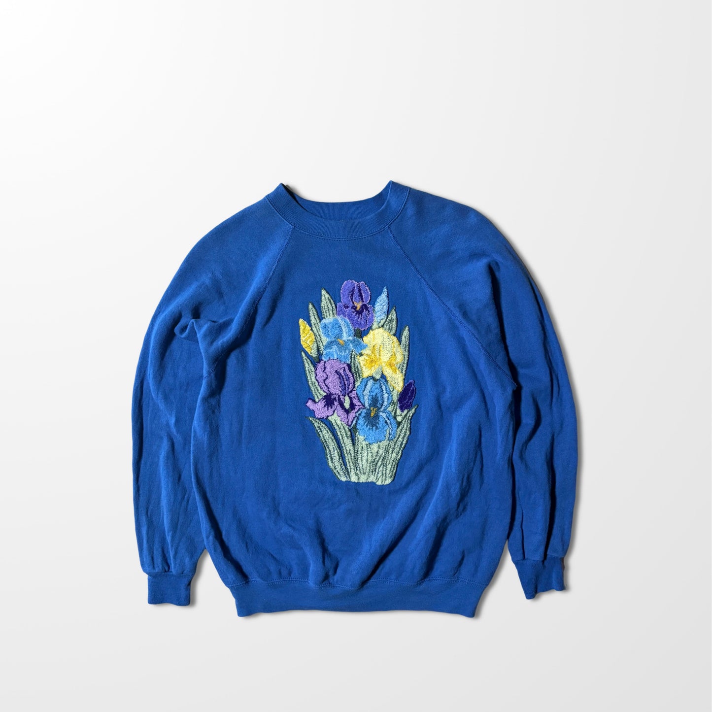 Floral Embroidered Vintage Sweatshirt – Bright Iris Bouquet Blue