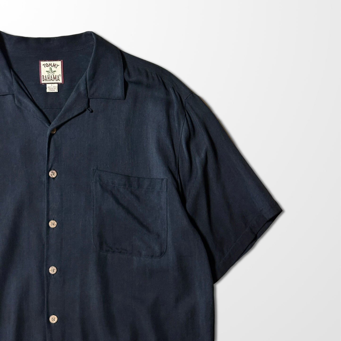 Solid Silk Black Open Collar Shirt