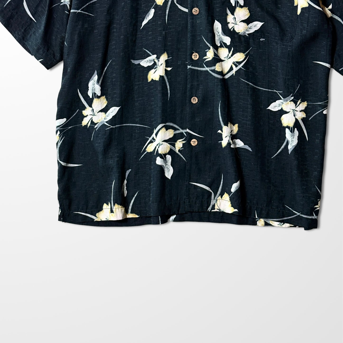 Vintage Black Floral Open Collar Shirt – Relaxed Fit,silk