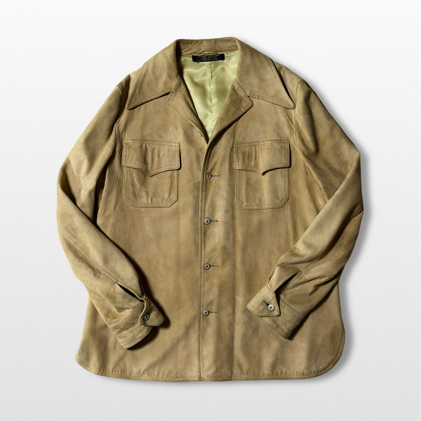 80s Brooks Brothers Beige Suede Shirt Jacket Open Collar Flap Pocket