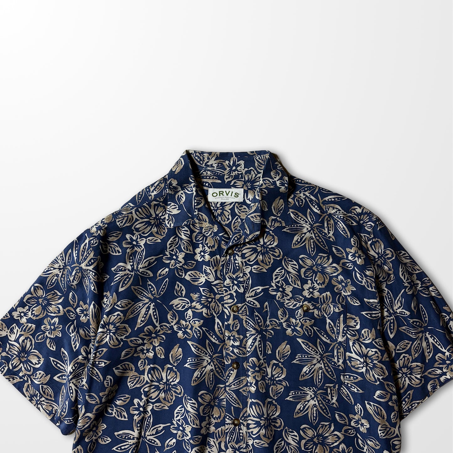 Silk Botanical Open Collar Shirt – Navy & Beige, L