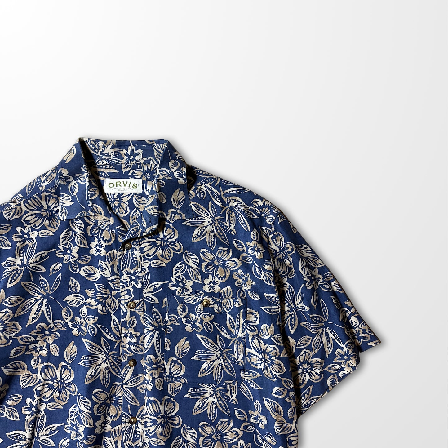 Silk Botanical Open Collar Shirt – Navy & Beige, L