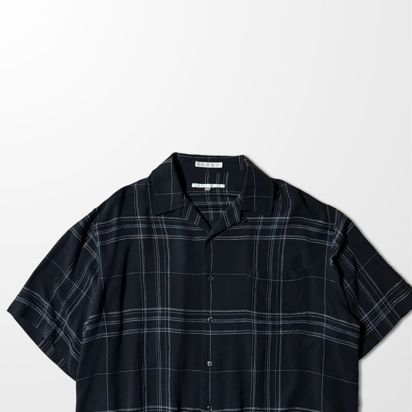 Rayon Linen Black Check Open Collar Shirt by PERRY ELLIS