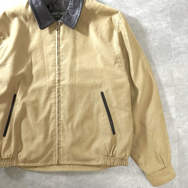 Leather Collar Zip Jacket Beige Short Length – 42