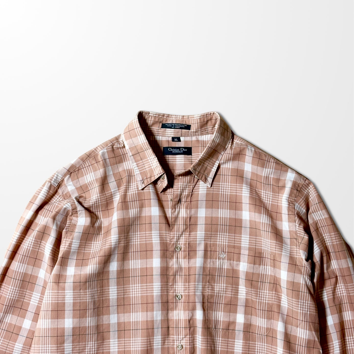 Christian Dior Gingham Check Shirt – Peach & White – Size XL  – Vintage