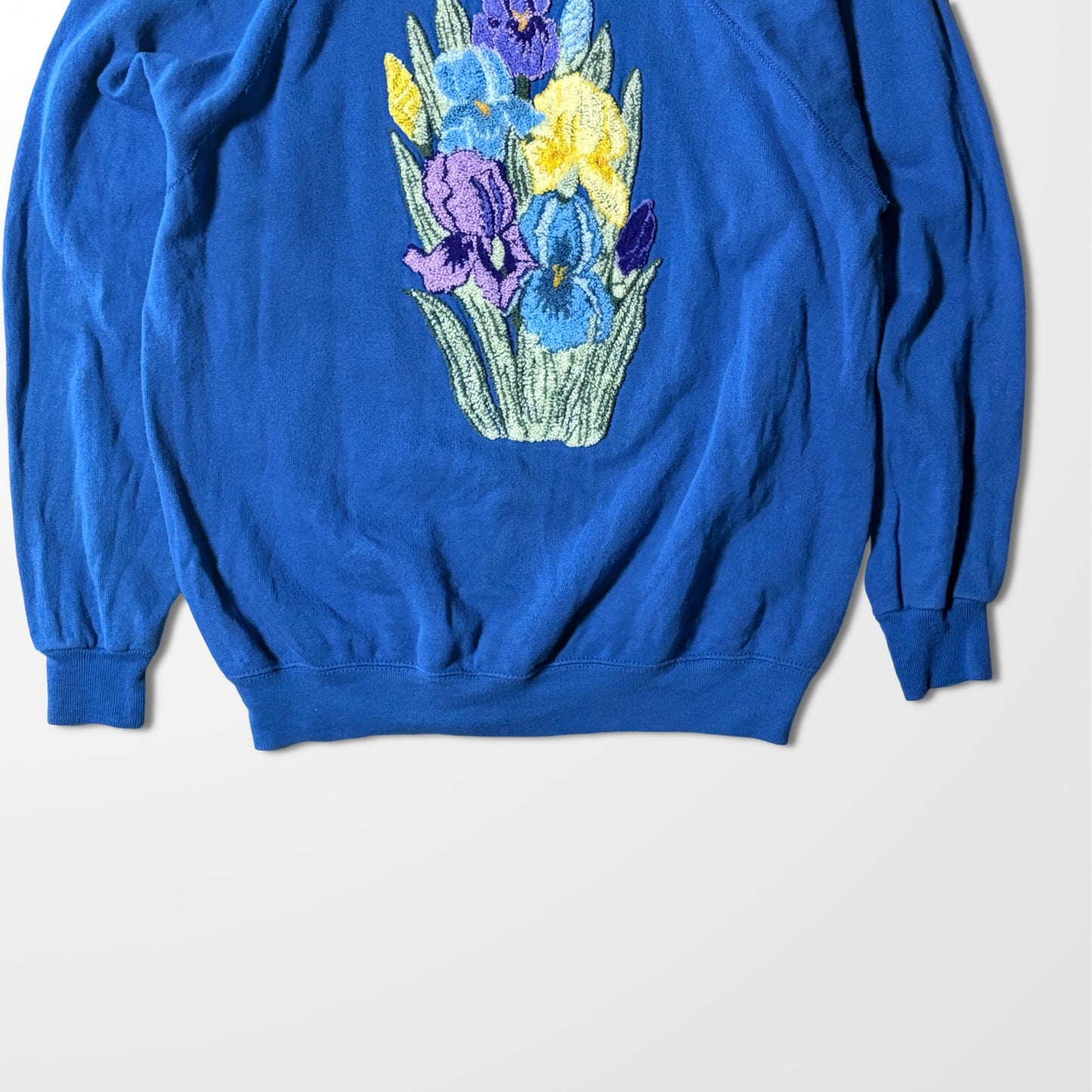Floral Embroidered Vintage Sweatshirt – Bright Iris Bouquet Blue