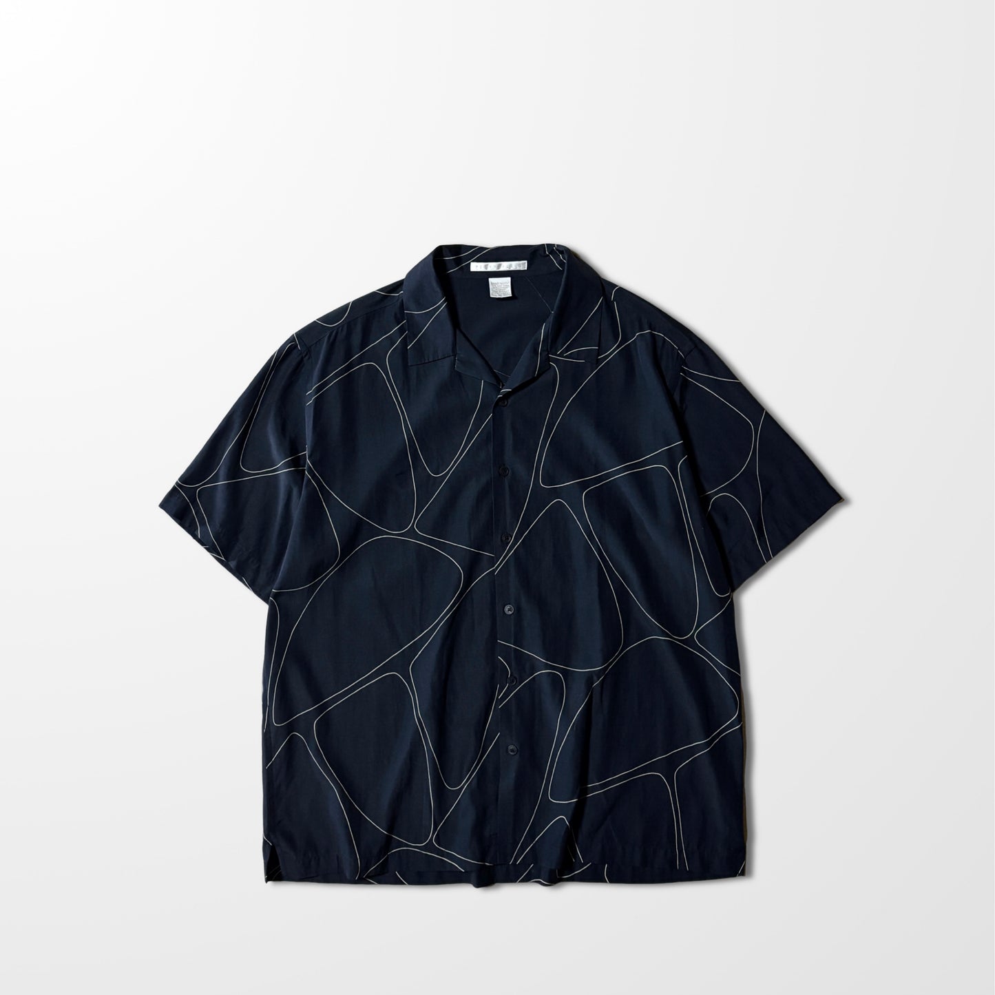 Silk Geometric Pattern Open-Collar Shirt - Black & White Abstract Lines - Size XL