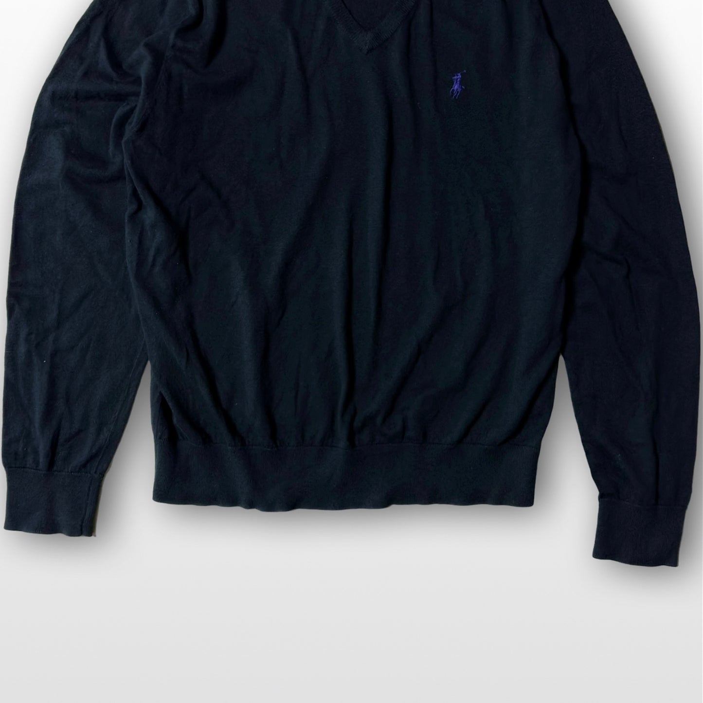 Ralph Lauren V-Neck Knit Sweater Black Cotton Silk Cashmere L