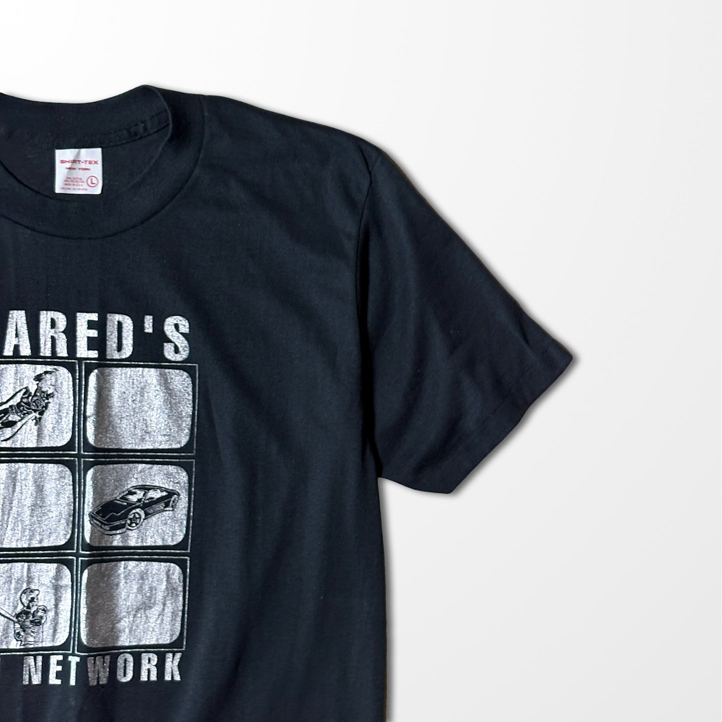 metallic graphic T-shirt "JARED’S TV NETWORK"Made in USA