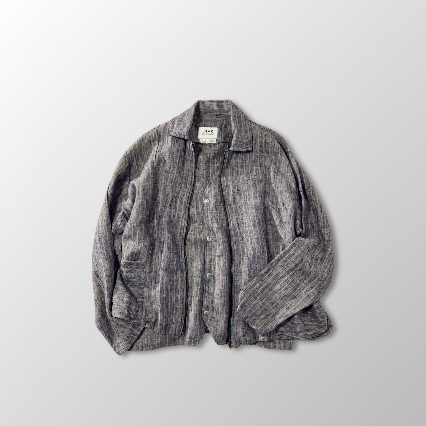 FLAX Linen Layered Zip Jacket – Grey Brown Woven Stripe, Size S