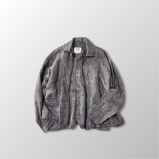 FLAX Linen Layered Zip Jacket – Grey Brown Woven Stripe, Size S