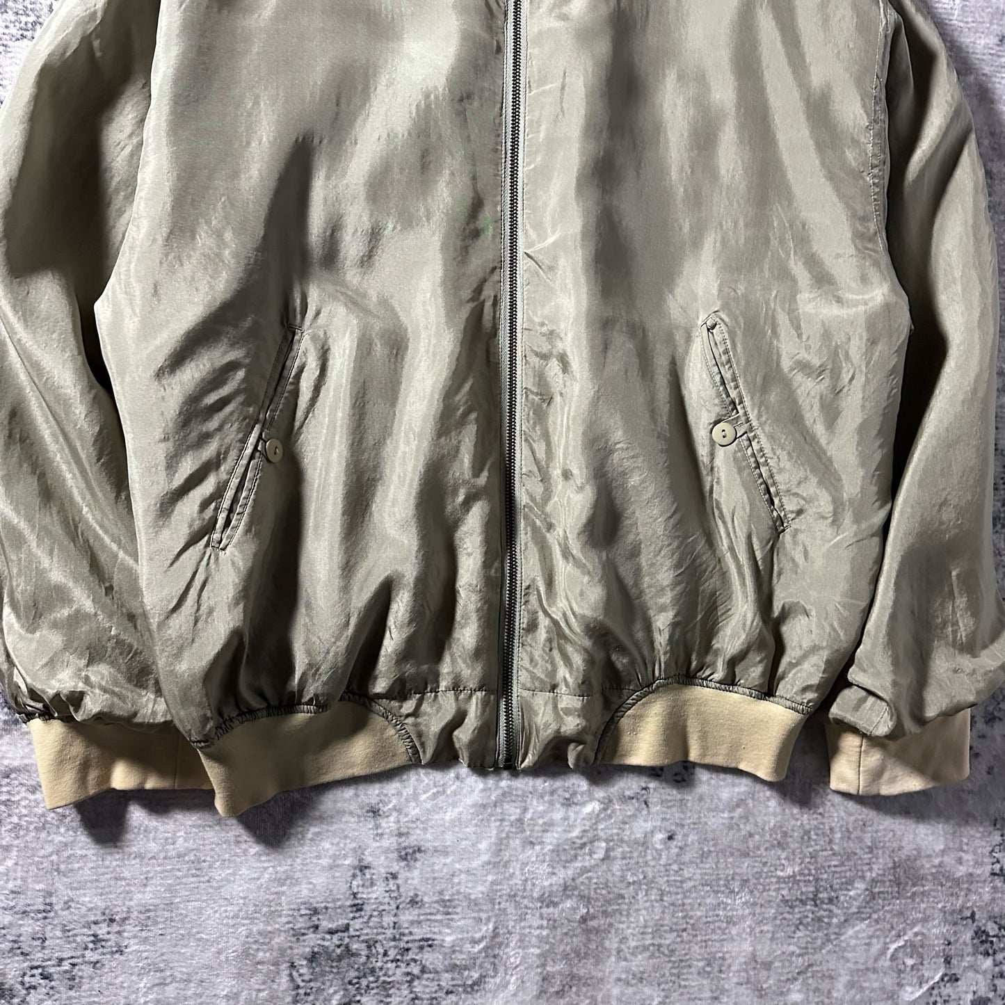 Silk Bomber Jacket Khaki Beige Zip Design – L