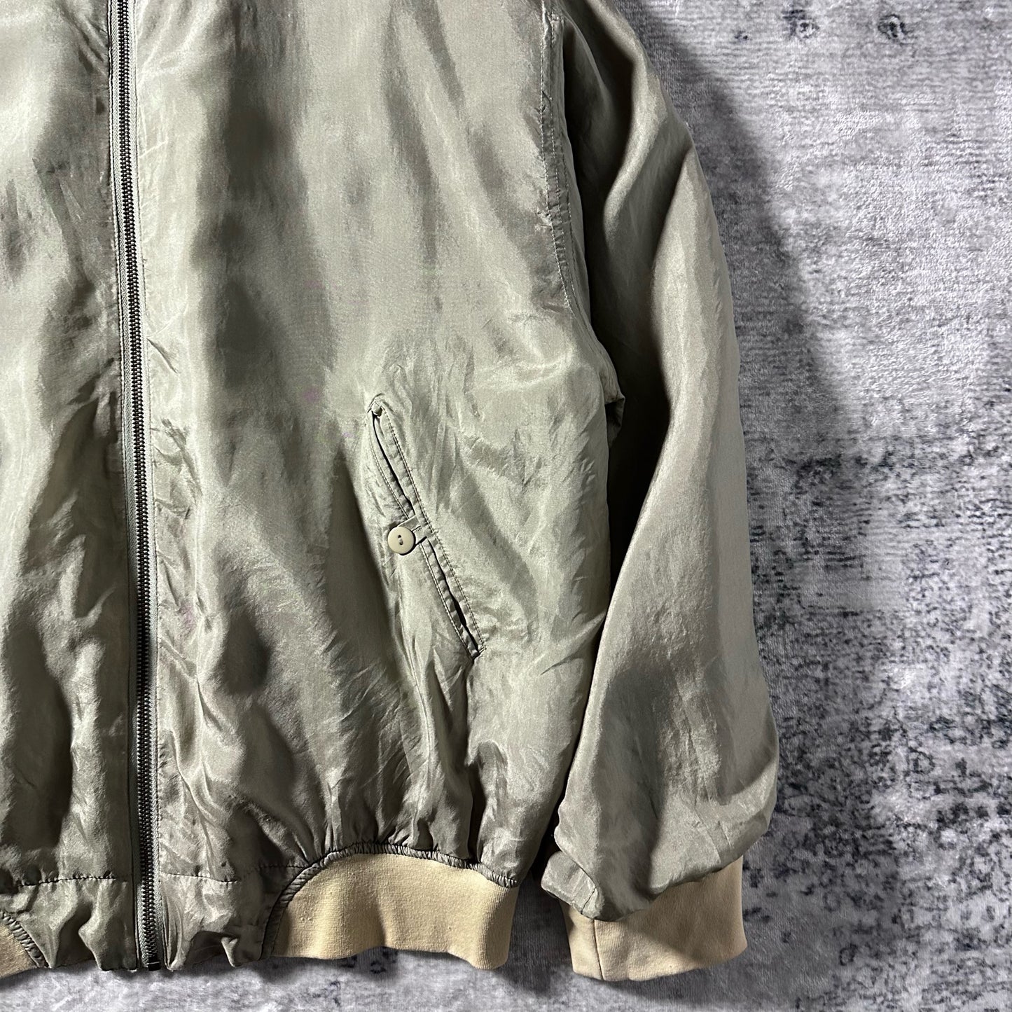 Silk Bomber Jacket Khaki Beige Zip Design – L