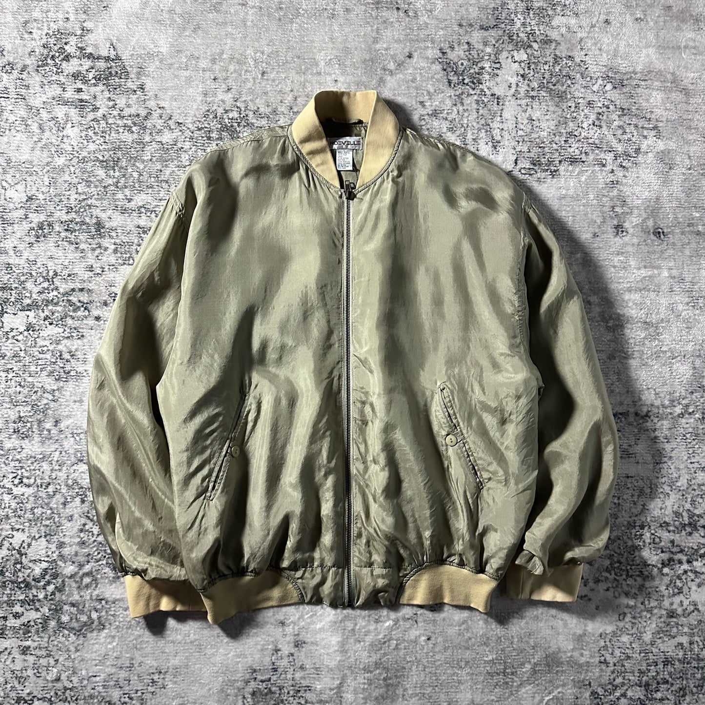 Silk Bomber Jacket Khaki Beige Zip Design – L