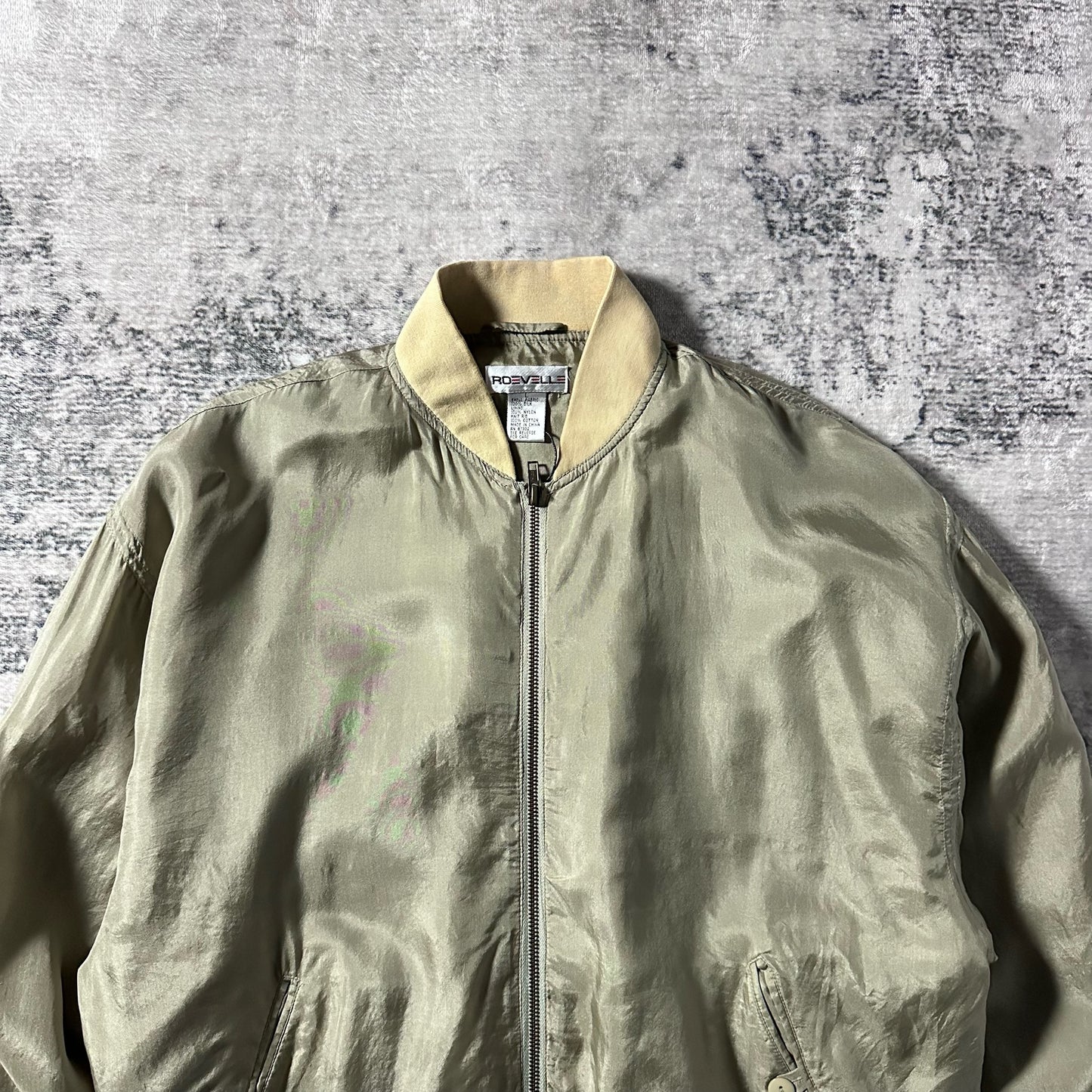 Silk Bomber Jacket Khaki Beige Zip Design – L