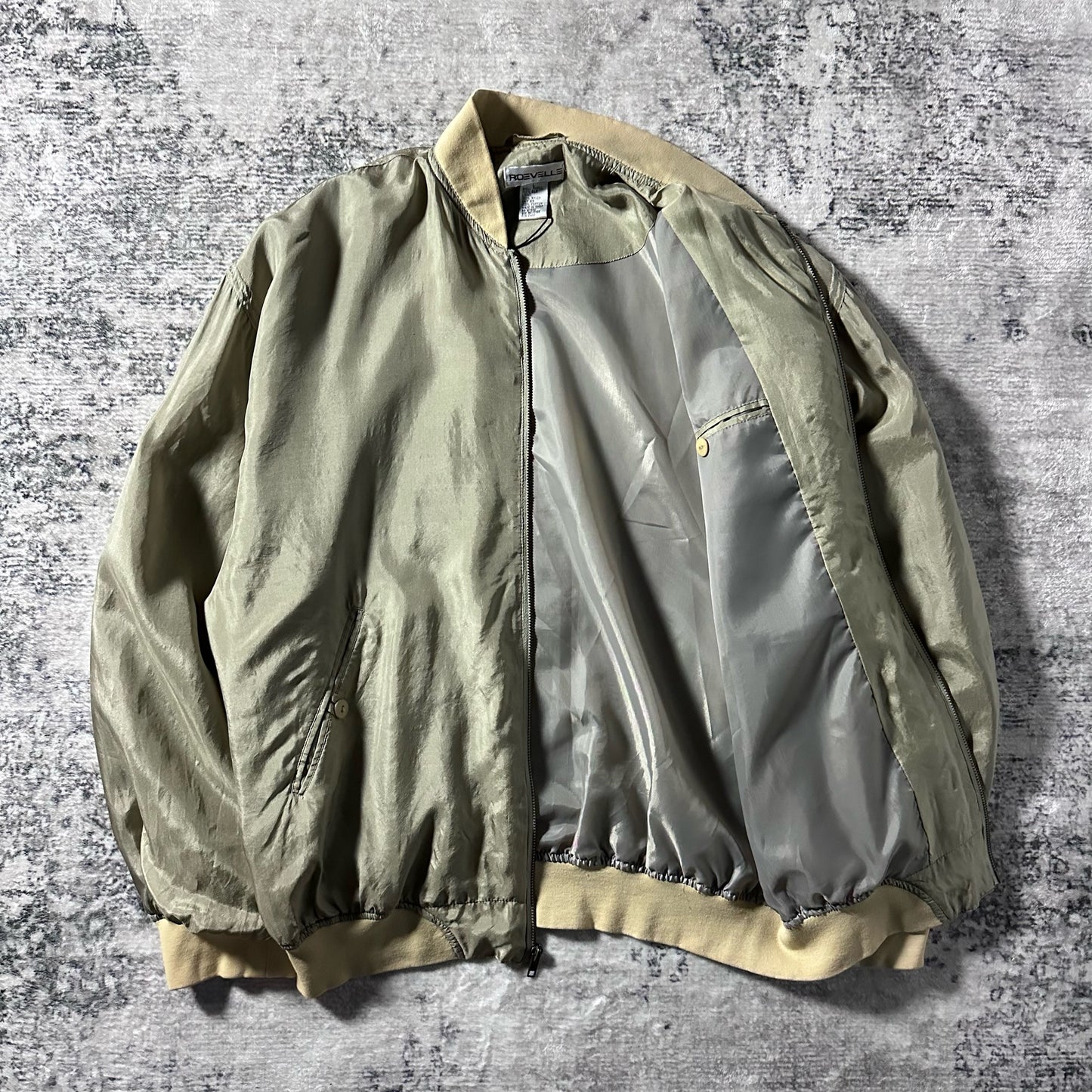 Silk Bomber Jacket Khaki Beige Zip Design – L