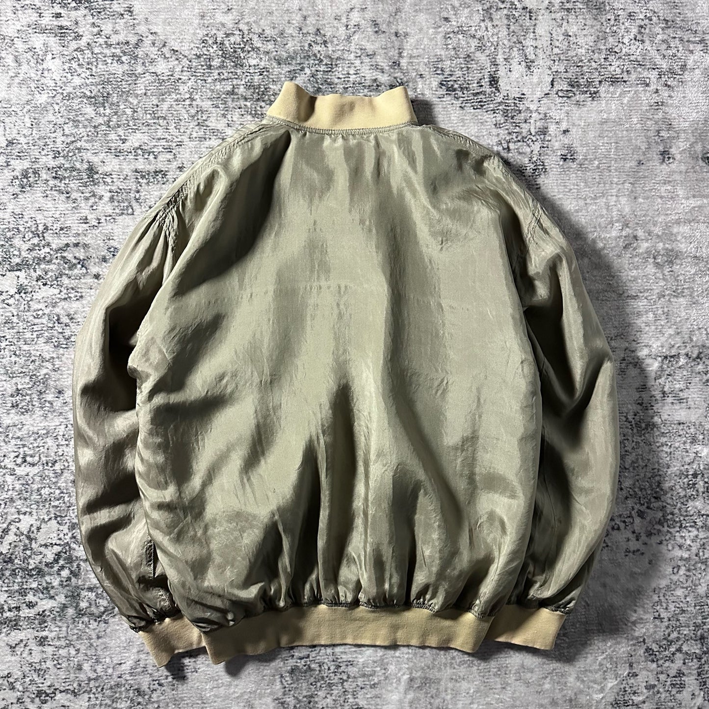 Silk Bomber Jacket Khaki Beige Zip Design – L