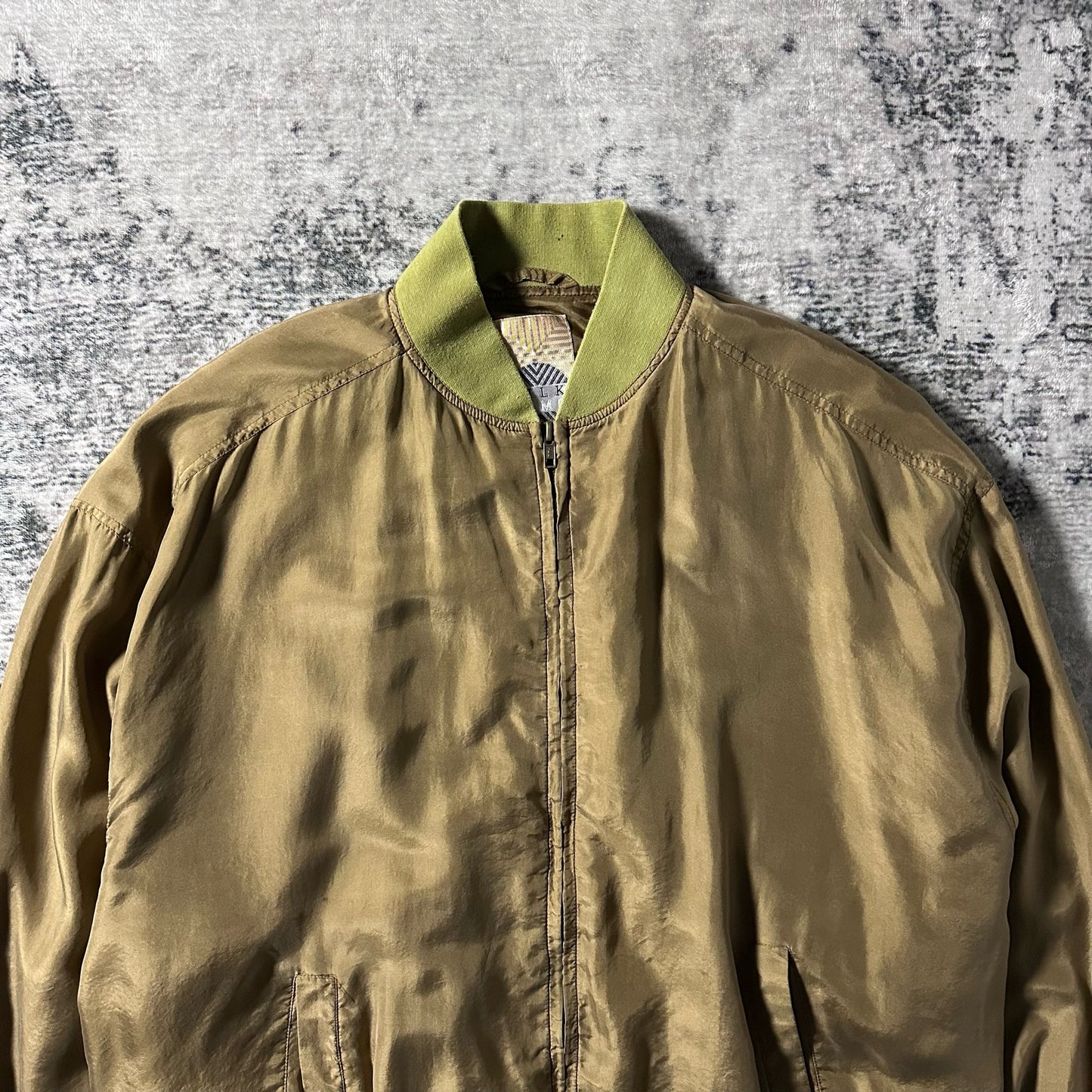 Silk Bomber Jacket Beige Olive Rib Design – L