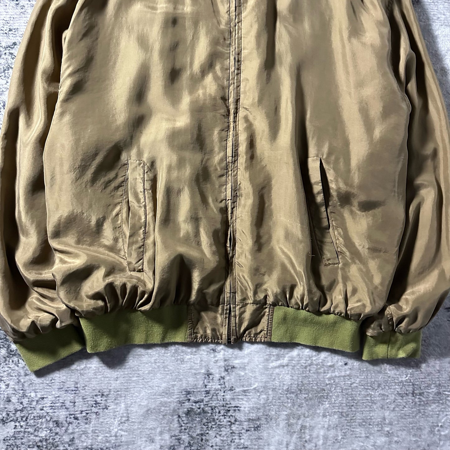 Silk Bomber Jacket Beige Olive Rib Design – L